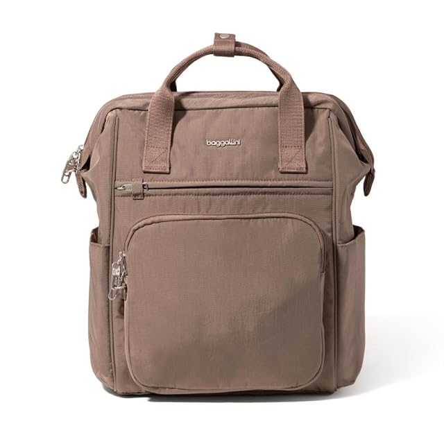 Baggallini Securtex anti-theft Windsor backpack with its frame-top opening held wide