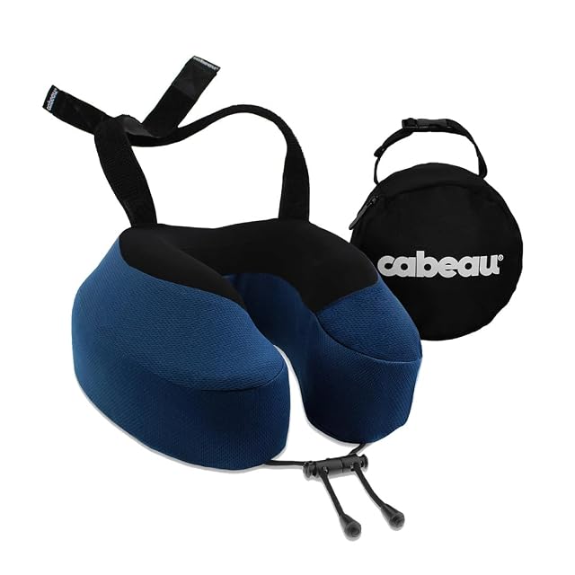 Cabeau Evolution S3 travel pillow strapped to an airplane seat