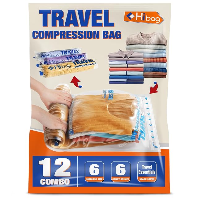 HIBAG roll-up compression bags with their blue and yellow zip guide lines