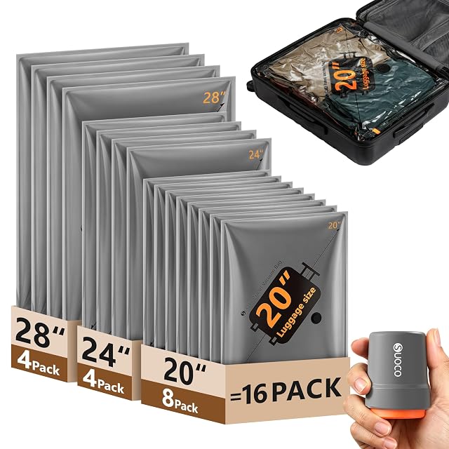 SUOCO vacuum compression bags with their USB-C rechargeable pump
