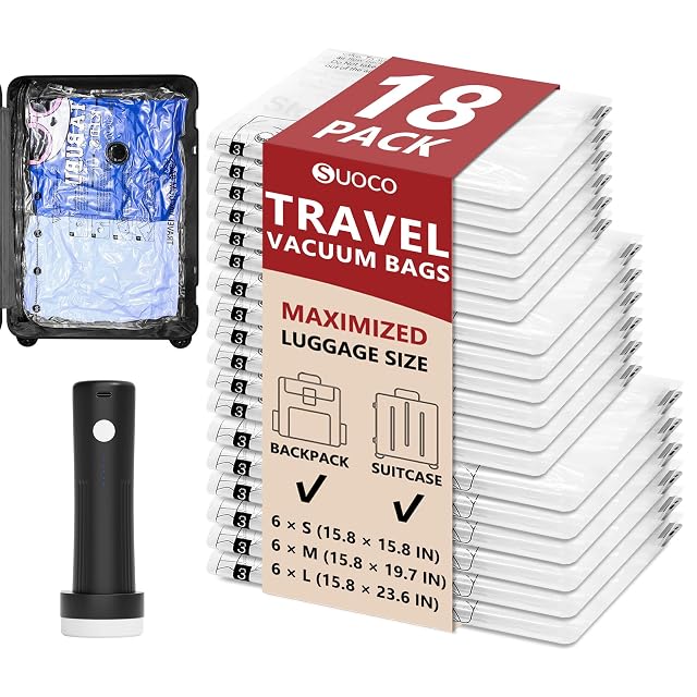 SUOCO travel vacuum bags in three sizes with their cordless electric pump