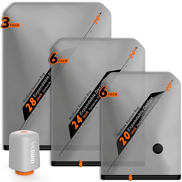 Vacbird vacuum storage bags with see-through windows and their palm-sized wireless pump