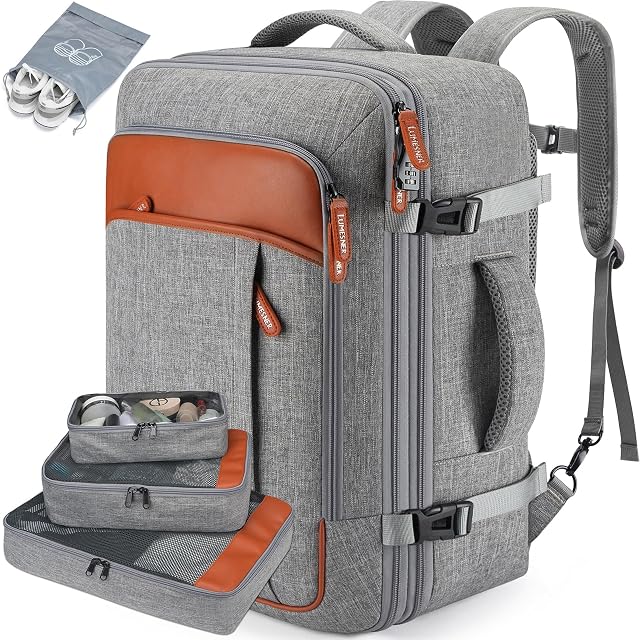 Lumesner 40 liter expandable travel backpack with its four packing cubes