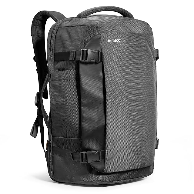 tomtoc Navigator-T66 carry-on backpack with its laptop compartment laid flat