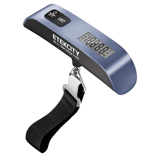Etekcity EL11 digital luggage scale hanging from a suitcase handle