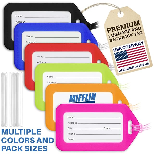 MIFFLIN six-pack of rigid PVC luggage tags in assorted colors