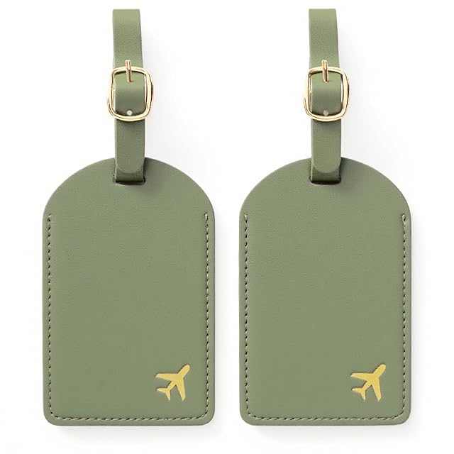 toTravelGear sage green PU leather luggage tag with its privacy flap lifted