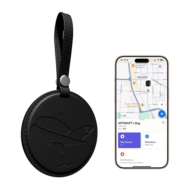 APTMAPT leather Find My luggage tag with its metal screw-lock strap fitted