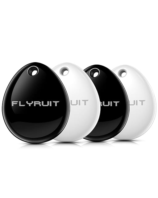 FLYRUIT Find My tracker tags in black and white with their lanyards