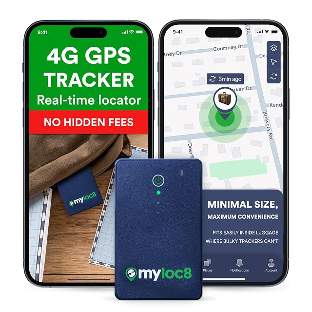 MYLOC8 4G GPS luggage tracker with its charging port and status light