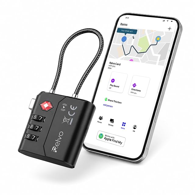 Relvo smart TSA cable lock with its steel cable looped and its USB-C port visible