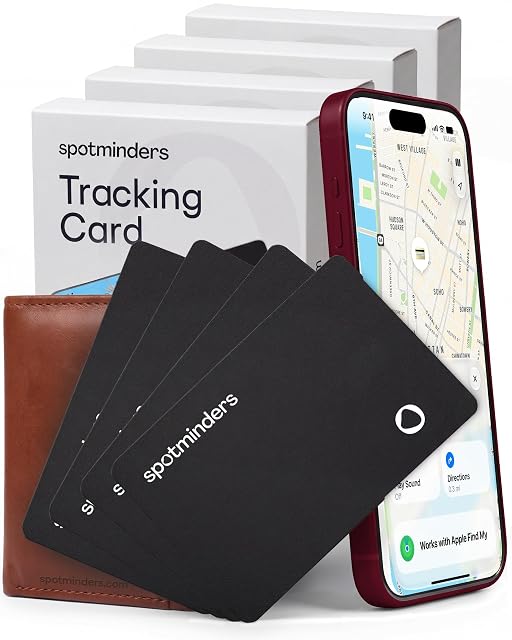 Spotminders ultra-thin Find My tracking cards fanned out beside a wallet