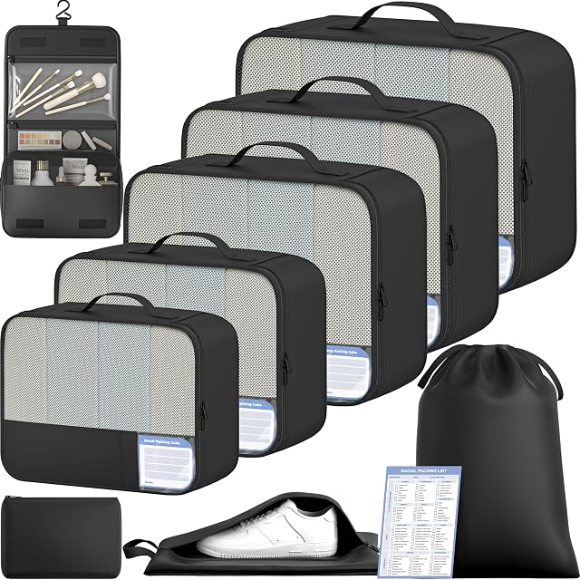 BAGAIL nine-piece packing cube set with a packing list card in its tag pocket