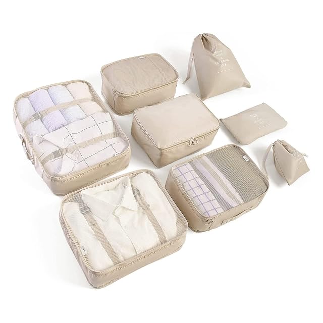 LANSKLBD eight-piece packing cube set laid out with its shoe and laundry bags