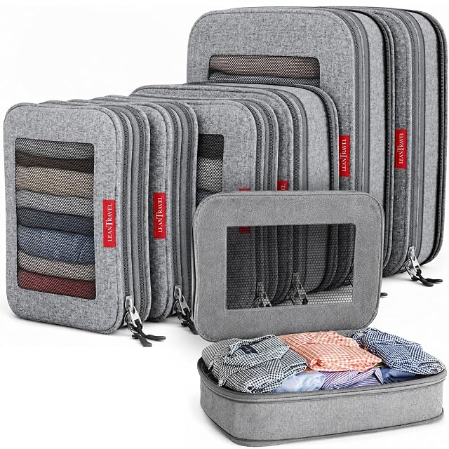 LeanTravel compression packing cube set with one cube compressed flat beside a full one