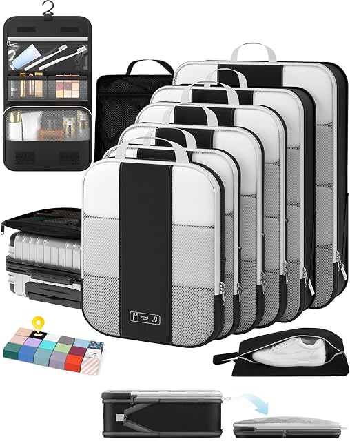 OlarHike ten-piece compression packing cube set with its garment bag laid out