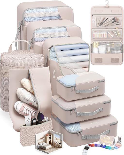 OlarHike ten-piece packing cube set showing the side handles on a cube