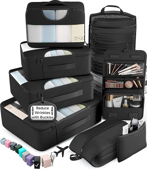 Veken ten-piece packing cube set with its hanging toiletry bag unrolled