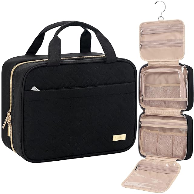 NISHEL hanging travel toiletry bag unfolded with its four compartments