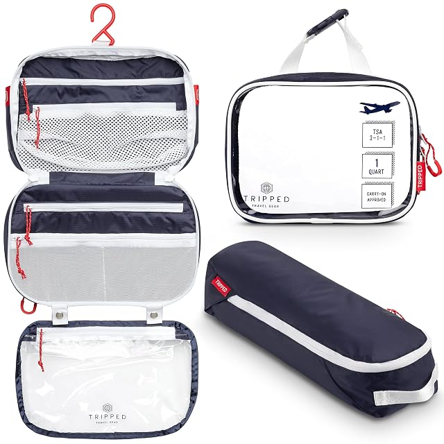 TRIPPED Travel Gear three-piece toiletry set with its clear TSA bag detached