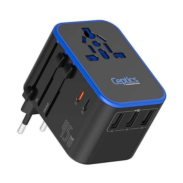 Ceptics universal travel adapter with five USB ports and its universal input socket