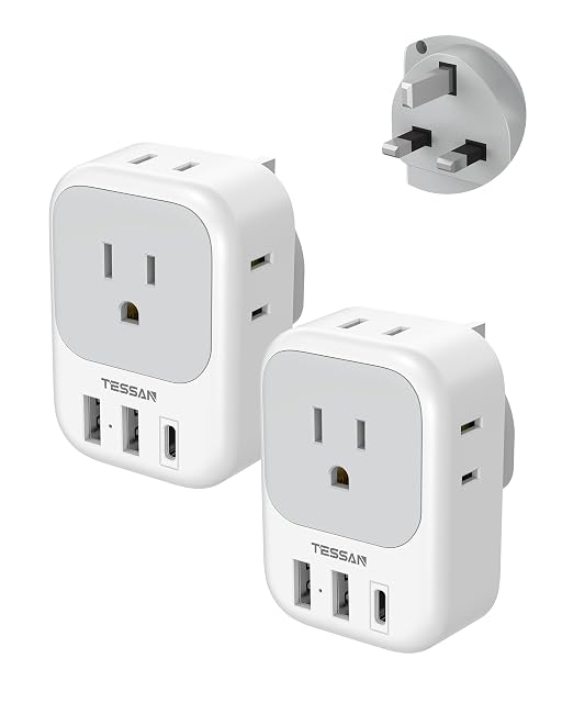 TESSAN grounded Type G UK travel adapter with four outlets and three USB ports