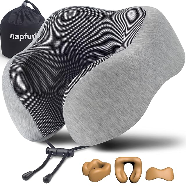 napfun memory foam travel neck pillow in light grey with its raised chin support