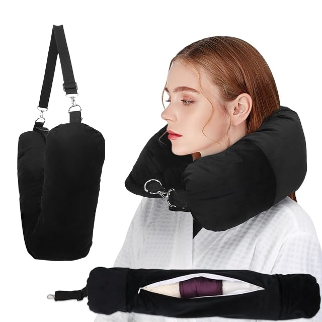 NK HealthCare stuffable travel neck pillow in black velvet with its zip open