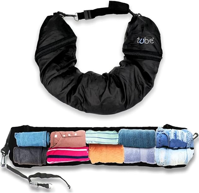 TUBE splashproof stuffable travel pillow folded into its own pouch