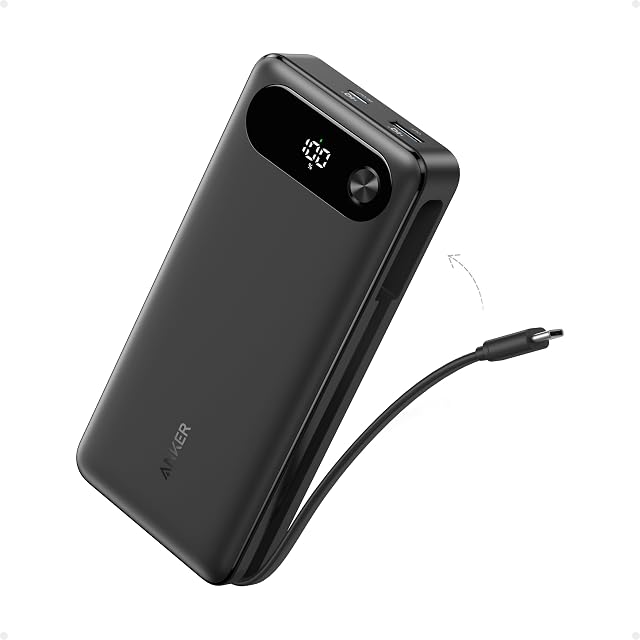 Anker 20000 mAh power bank with its integrated USB-C cable looped out of the body
