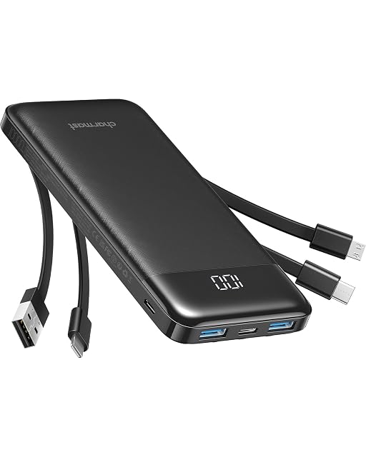 charmast power bank with three built-in cables flipped out of its body