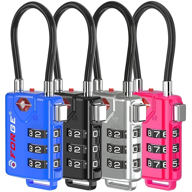 Four Forge TSA cable locks in four colors with their open-alert indicators