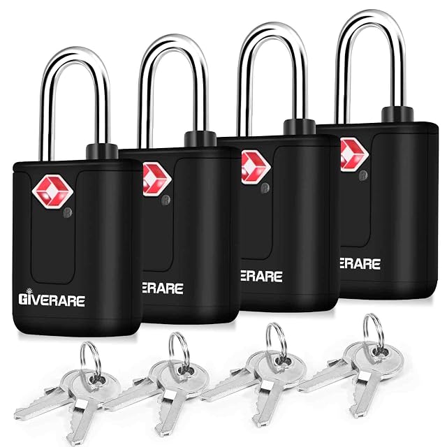 Four GiveRare keyed TSA luggage padlocks with their keys