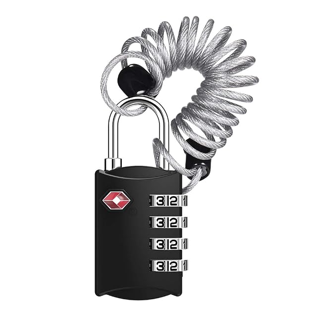 ZHEGE four-digit TSA cable lock with its coiled steel cable extended
