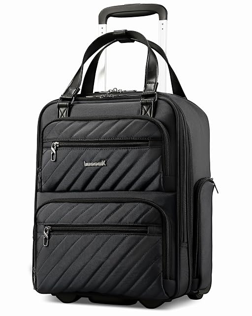 LUGGEX all-black underseat rolling bag with its aluminum handle extended