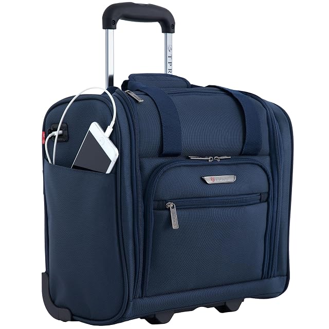 TPRC 15 inch Smart underseat rolling carry-on in navy with its side USB port